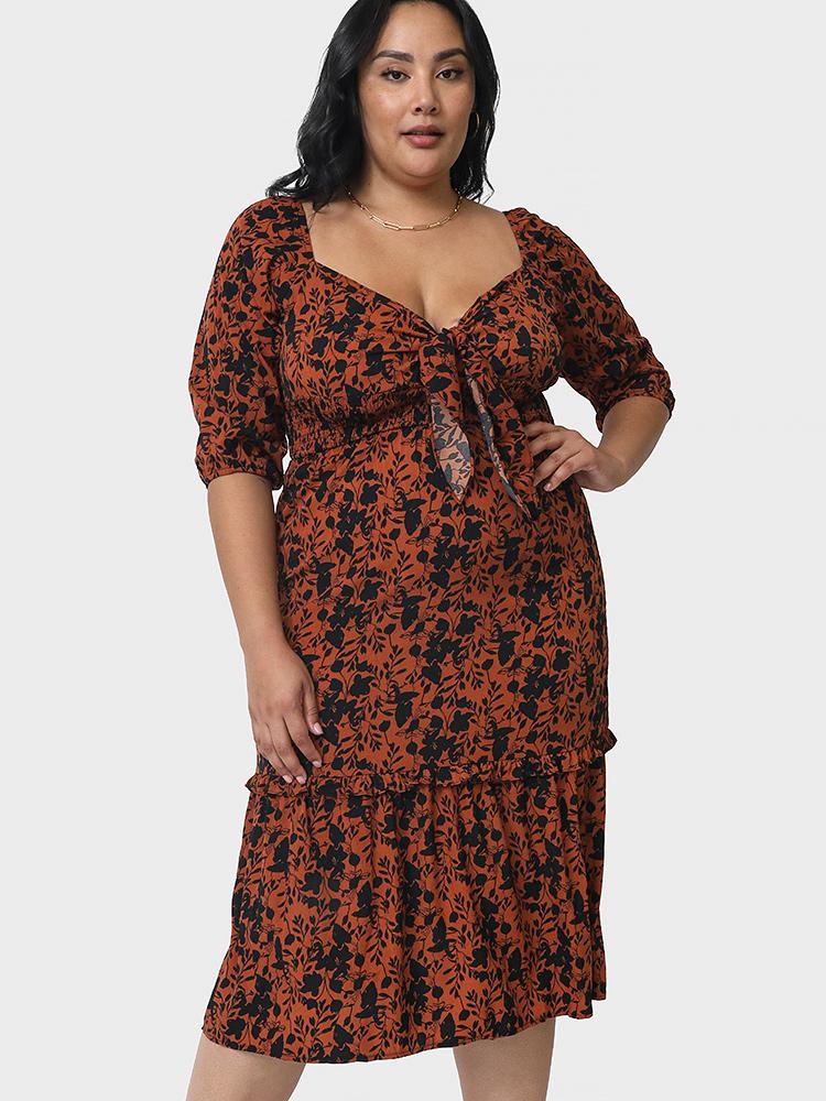 Floral Ruffles Deep V-neck Dress