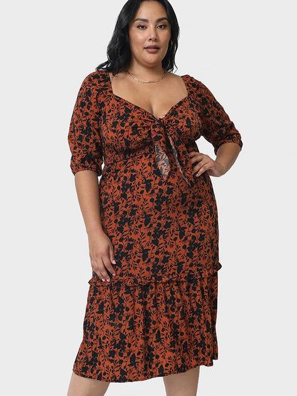 Floral Ruffles Deep V-neck Dress