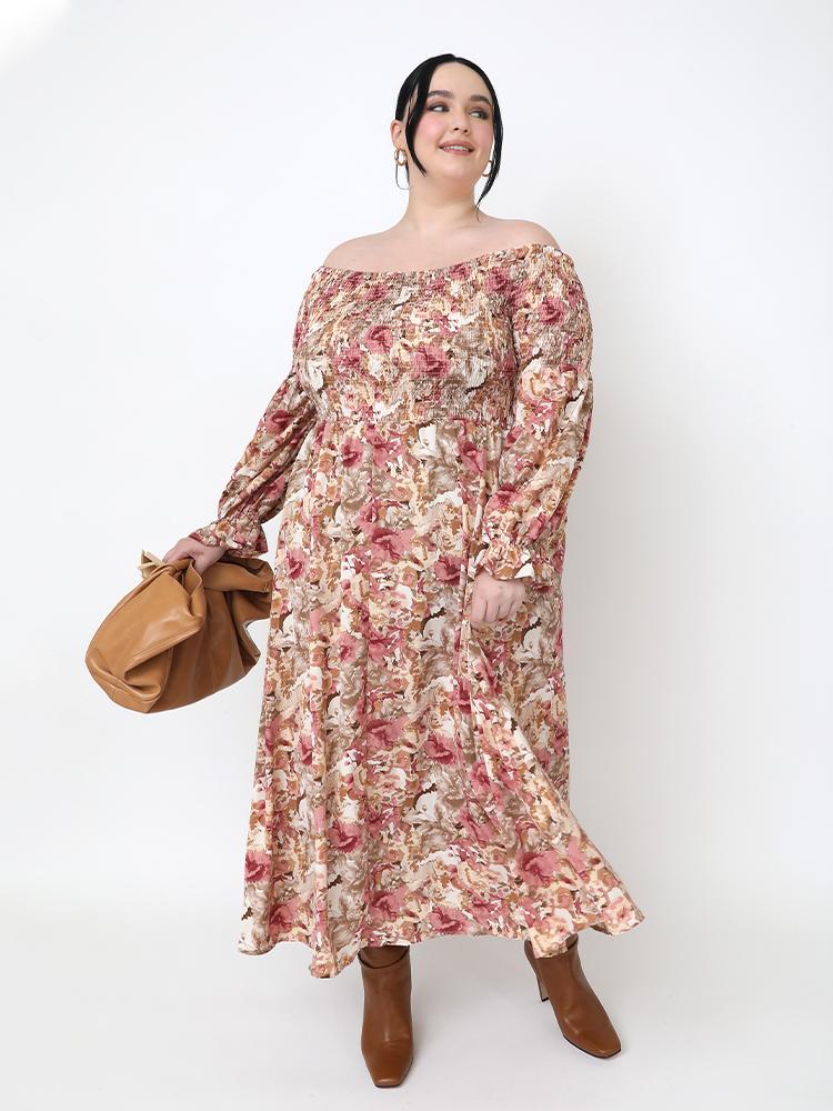 Shirred Off Shoulder Maxi Dress