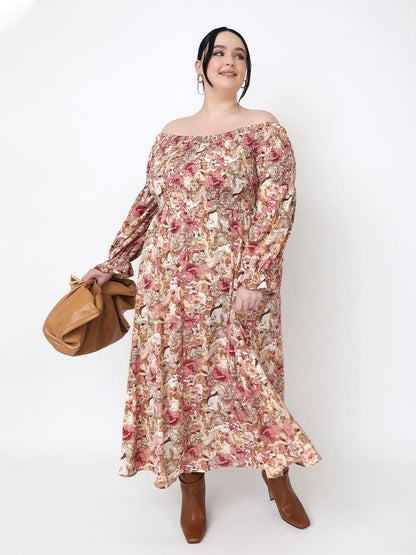 Shirred Off Shoulder Maxi Dress
