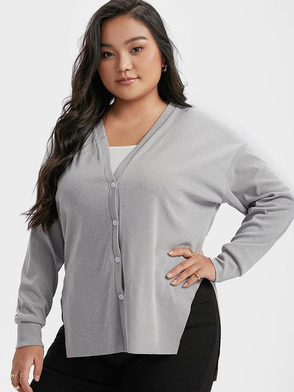 Button Deep V Neck Slit Cardigan