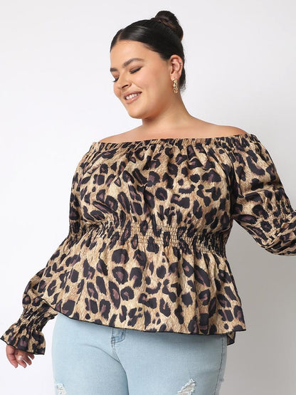 Leopard Off Shoulder Ruffle Blouse