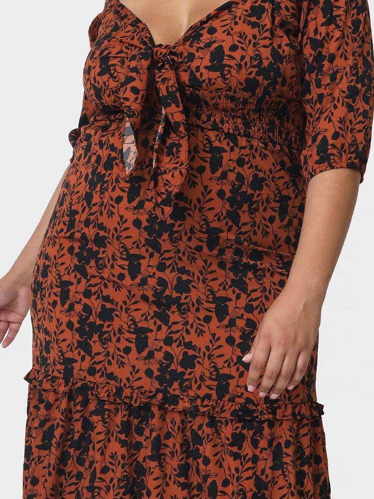 Floral Ruffles Deep V-neck Dress