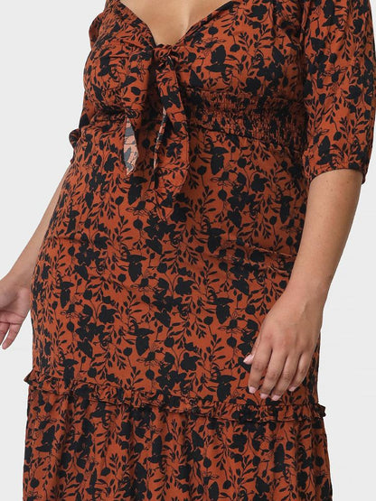 Floral Ruffles Deep V-neck Dress