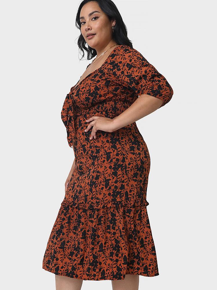 Floral Ruffles Deep V-neck Dress