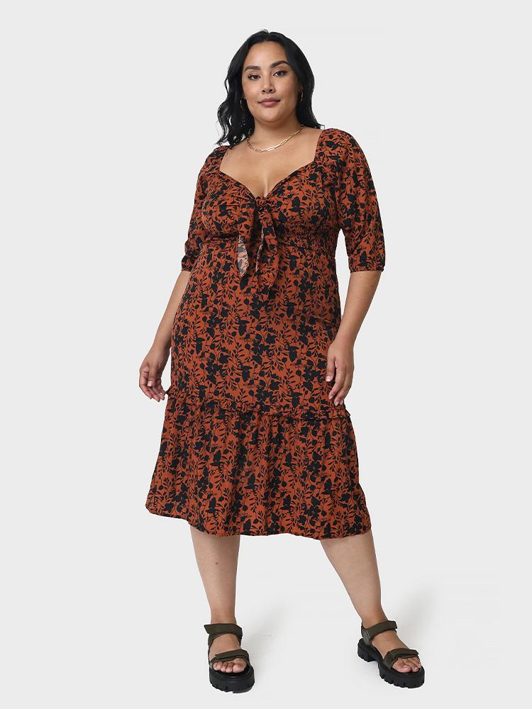 Floral Ruffles Deep V-neck Dress