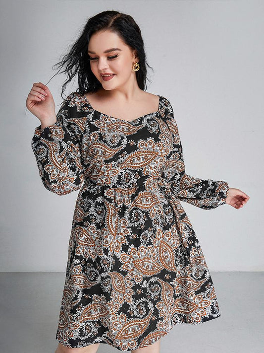 Floral Square Collar  Dress