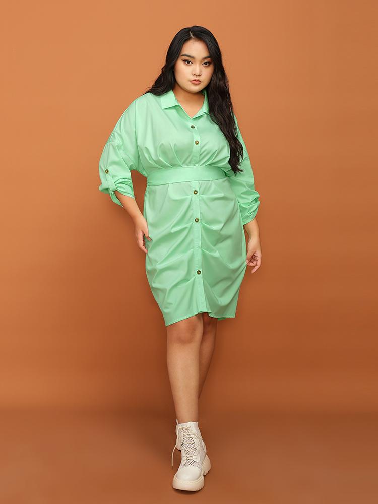 Pleated Solid Button Shirt Dress