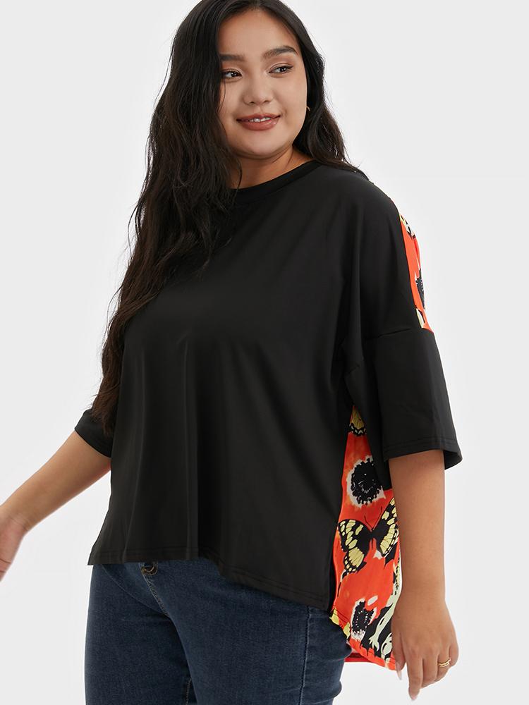 Butterfly Print Patchwork T-shirt