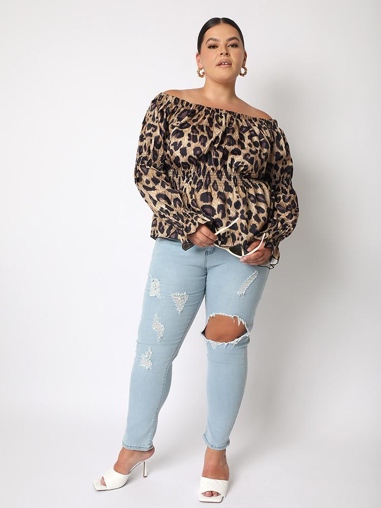 Leopard Off Shoulder Ruffle Blouse