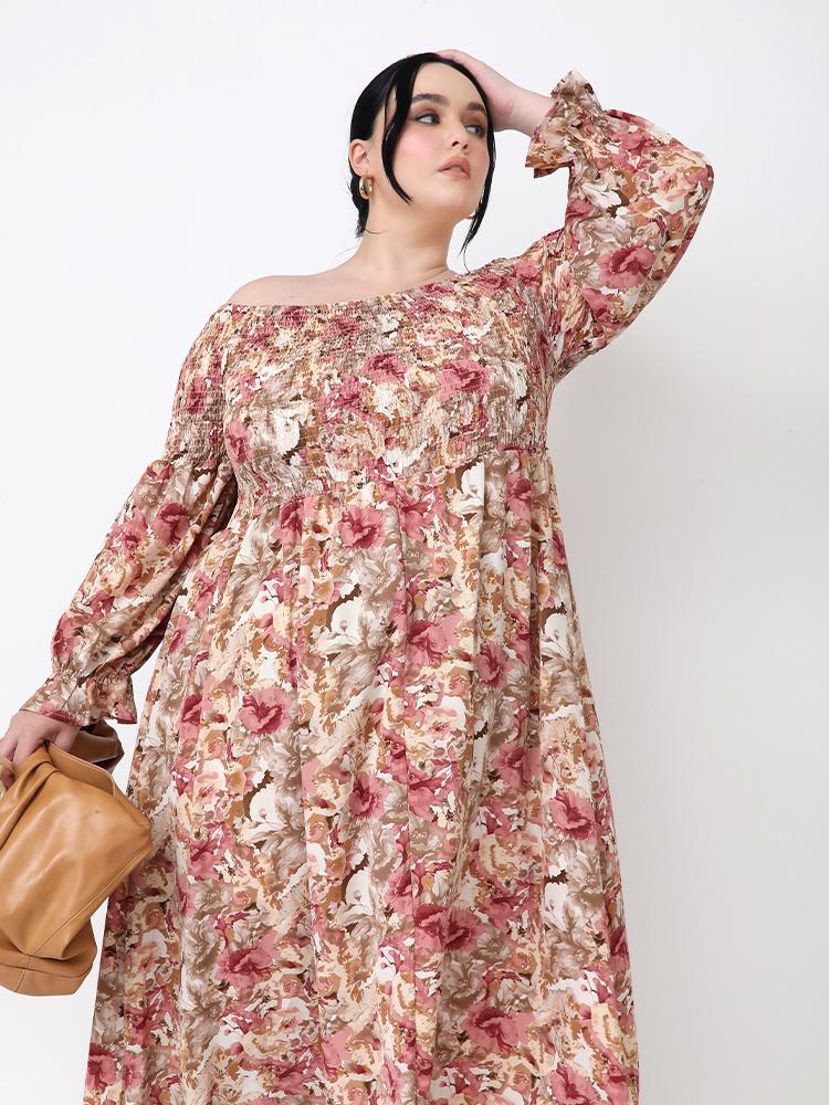 Shirred Off Shoulder Maxi Dress