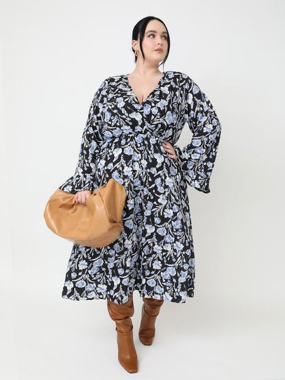 Floral Flared Sleeve V-neck Dress