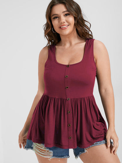 Solid Scoop Neck Button Front Tank Top